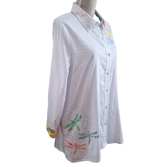 Berek White Whimsical Artsy Tunic Dragonfly Embellished Button Front Shirt Sz L - Picture 4 of 11